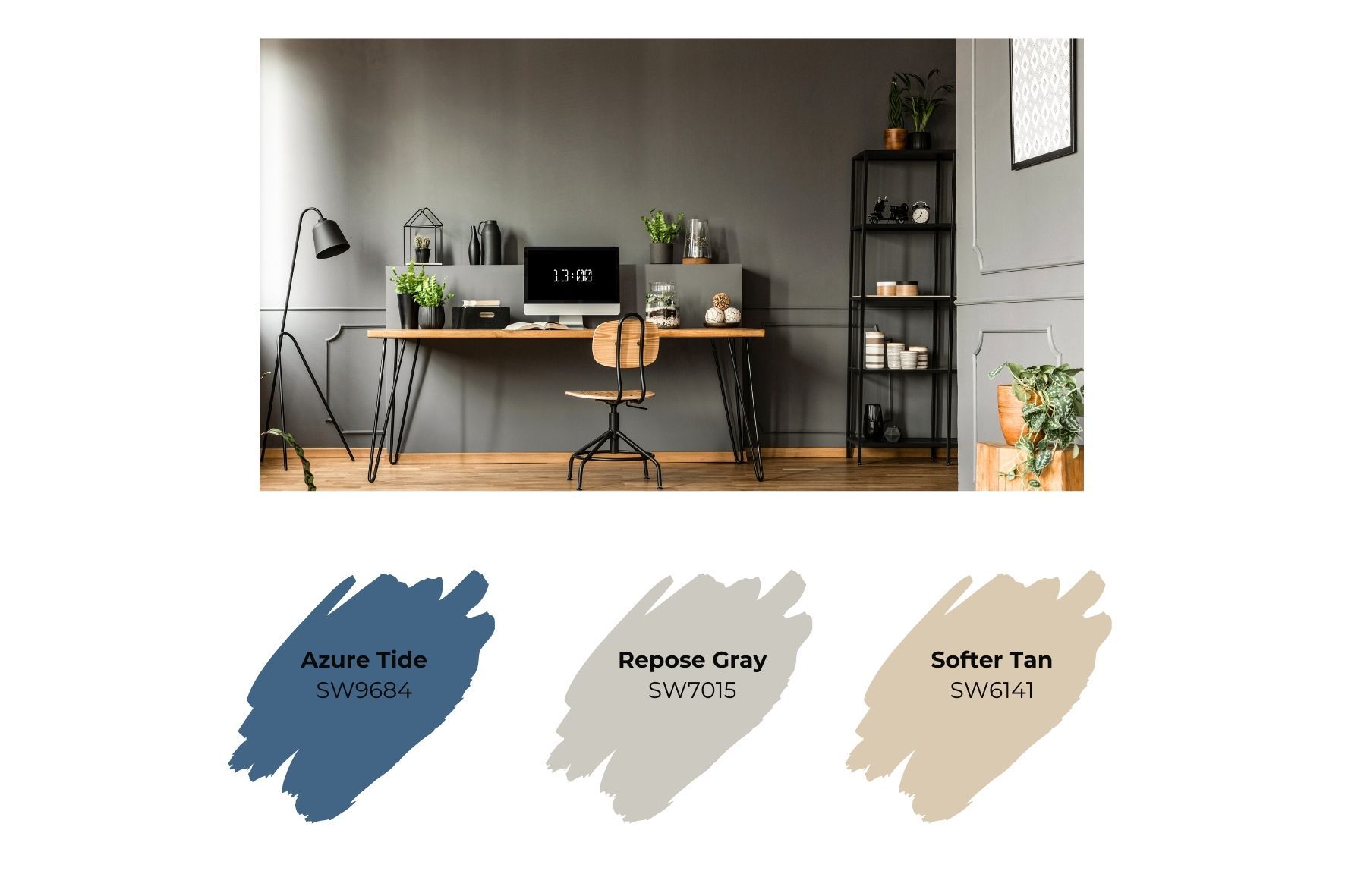 Soft Gray home office and Sherwin-Williams paint swatches