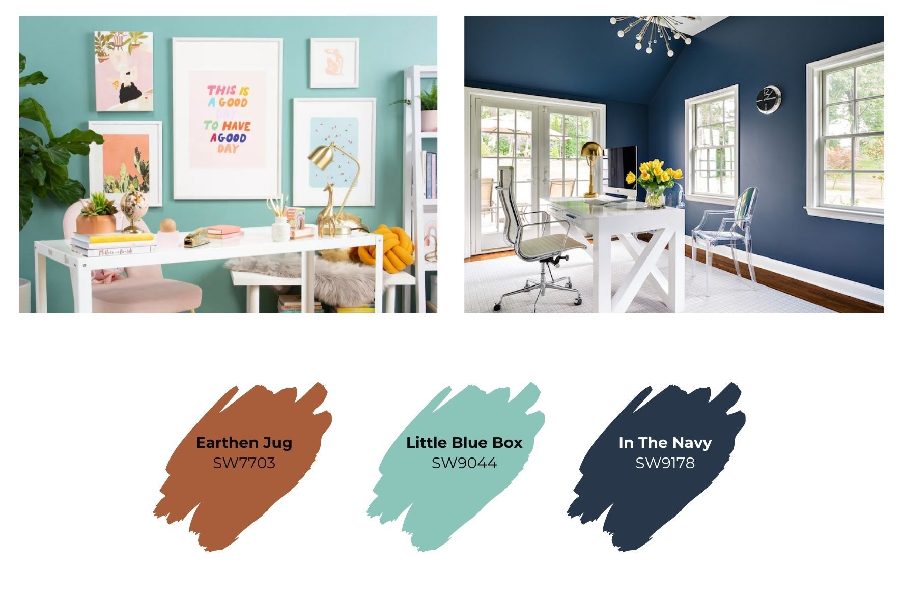 Teal and Navy Blue home office with sherwin-williams paint swatches