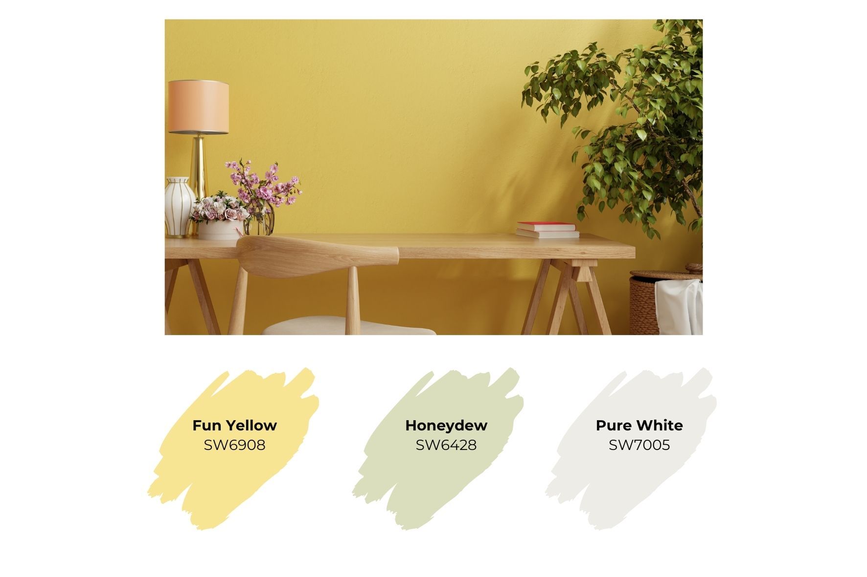 Yellow home office and sherwin-williams paint swatches