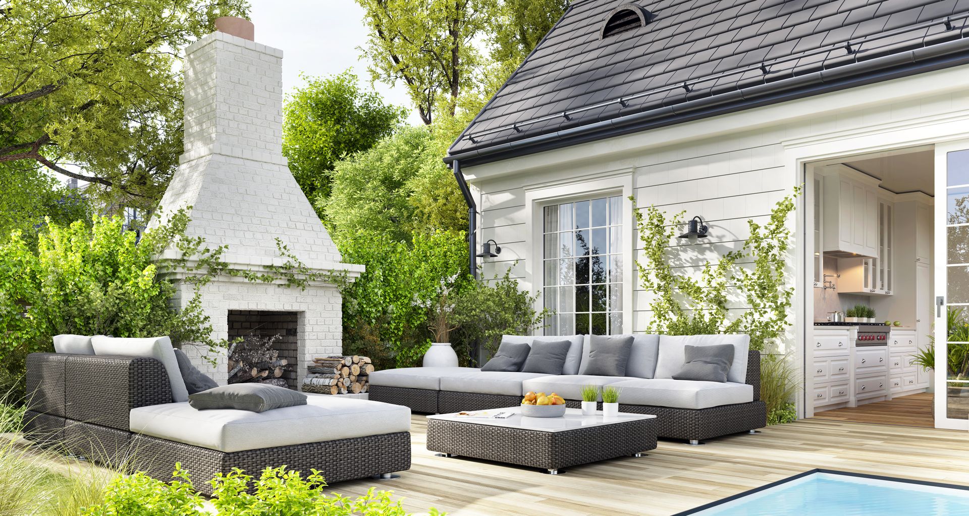 Patio with accent chimney painted white