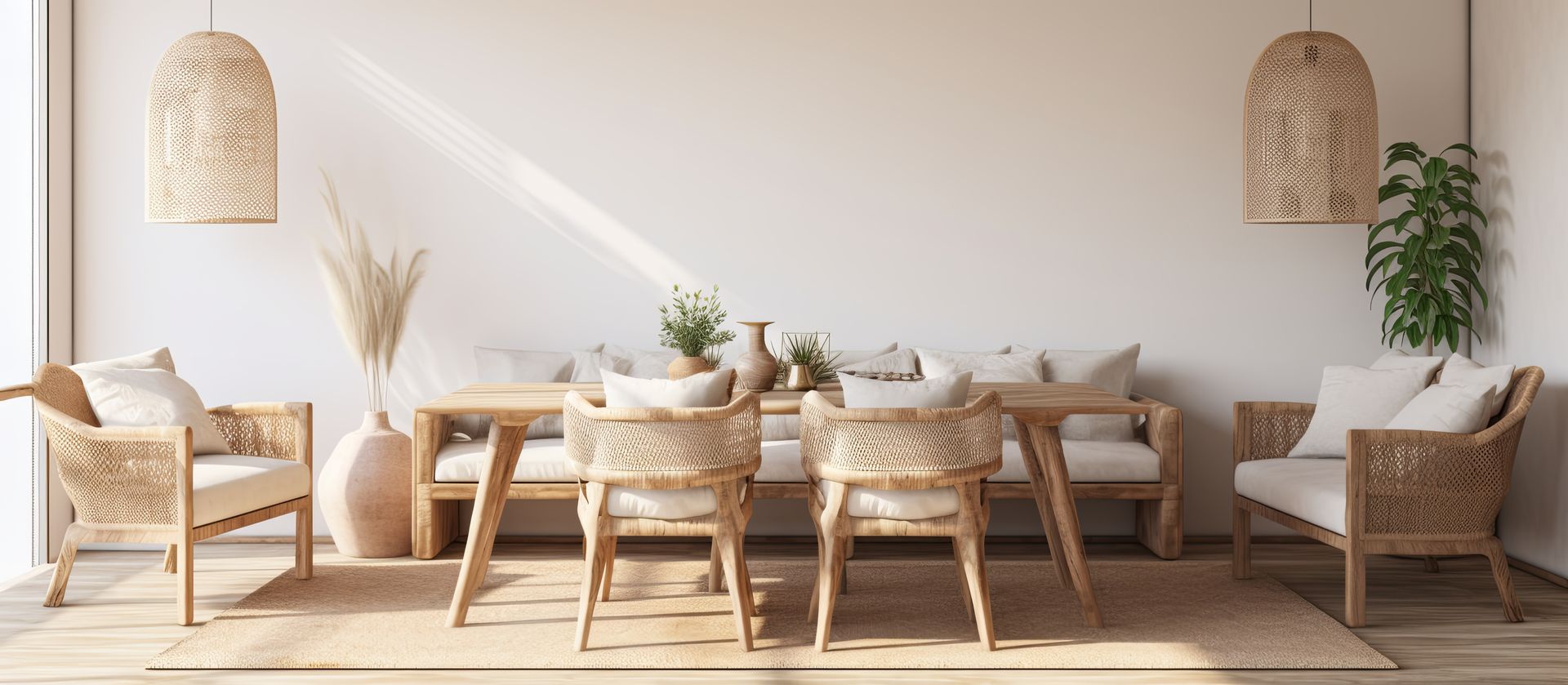 White dining room with natural decor