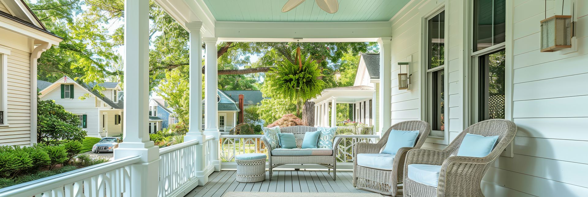 porch painted in natural tones and white with furniture