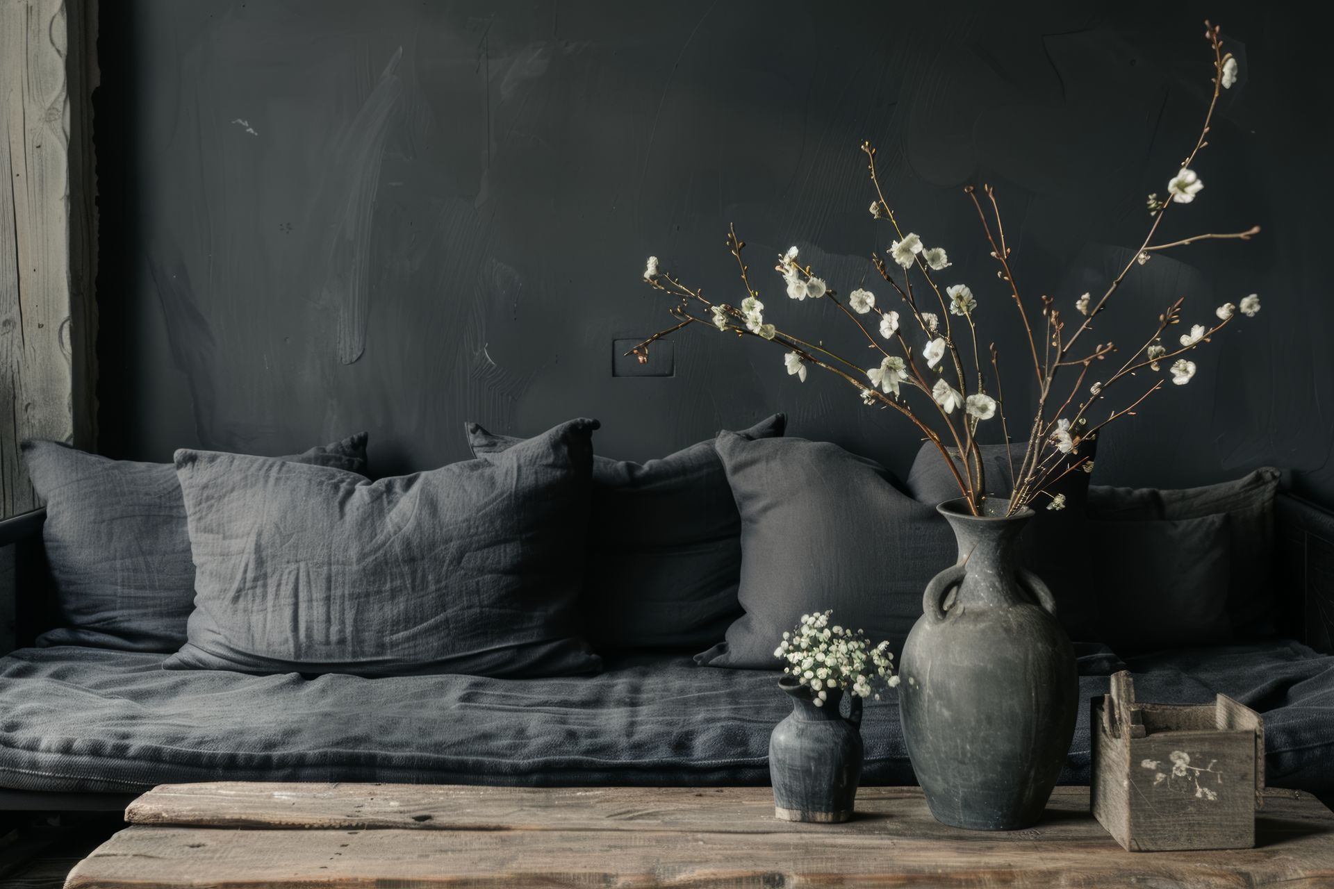 Dark living room with rustic furniture