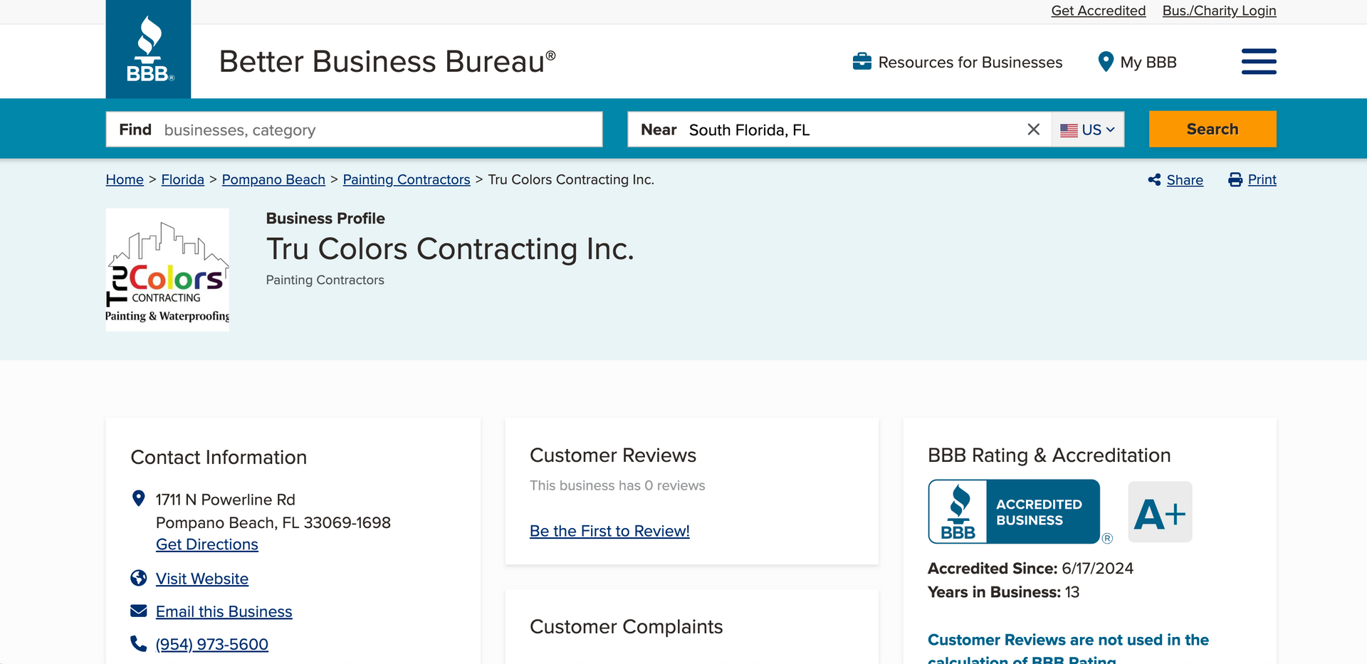 Tru Colors Contracting BBB webpage