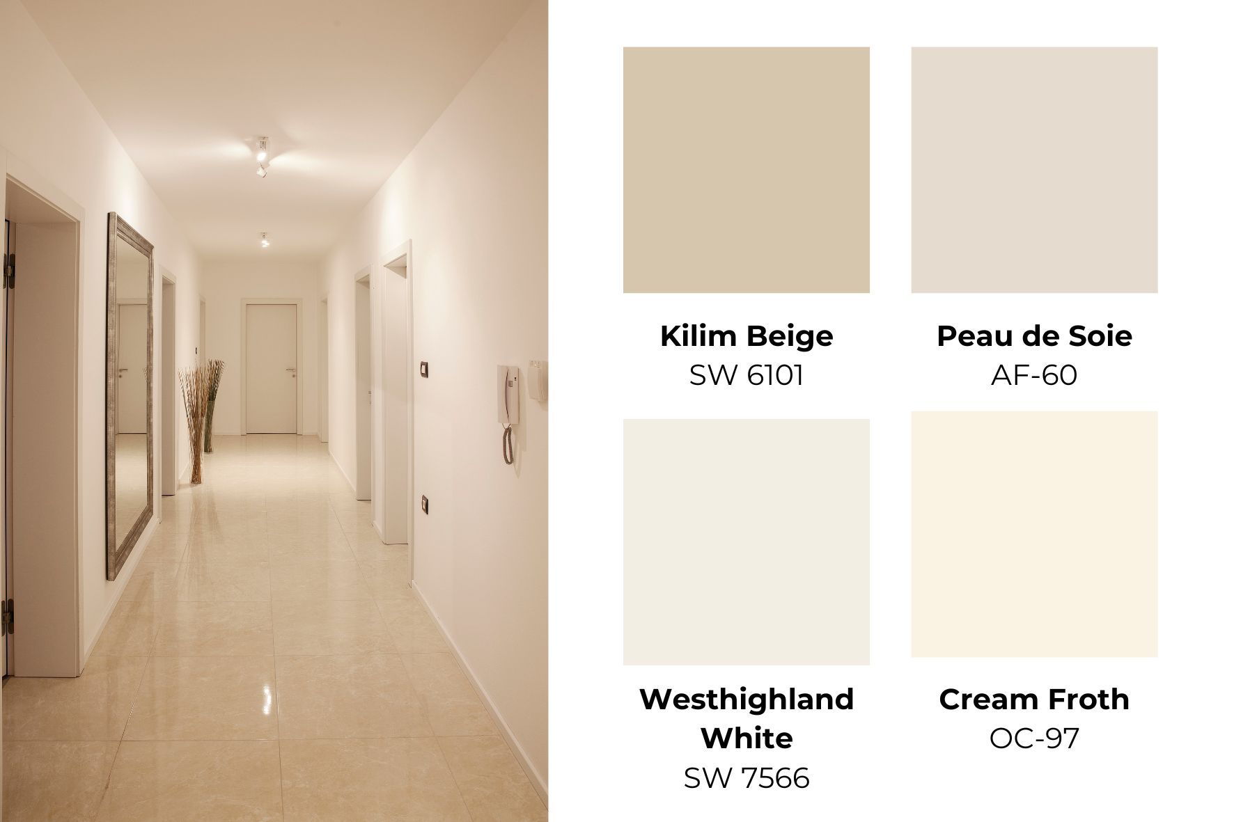 Neutral hallway with sherwin williams and benjamin moore color swatches