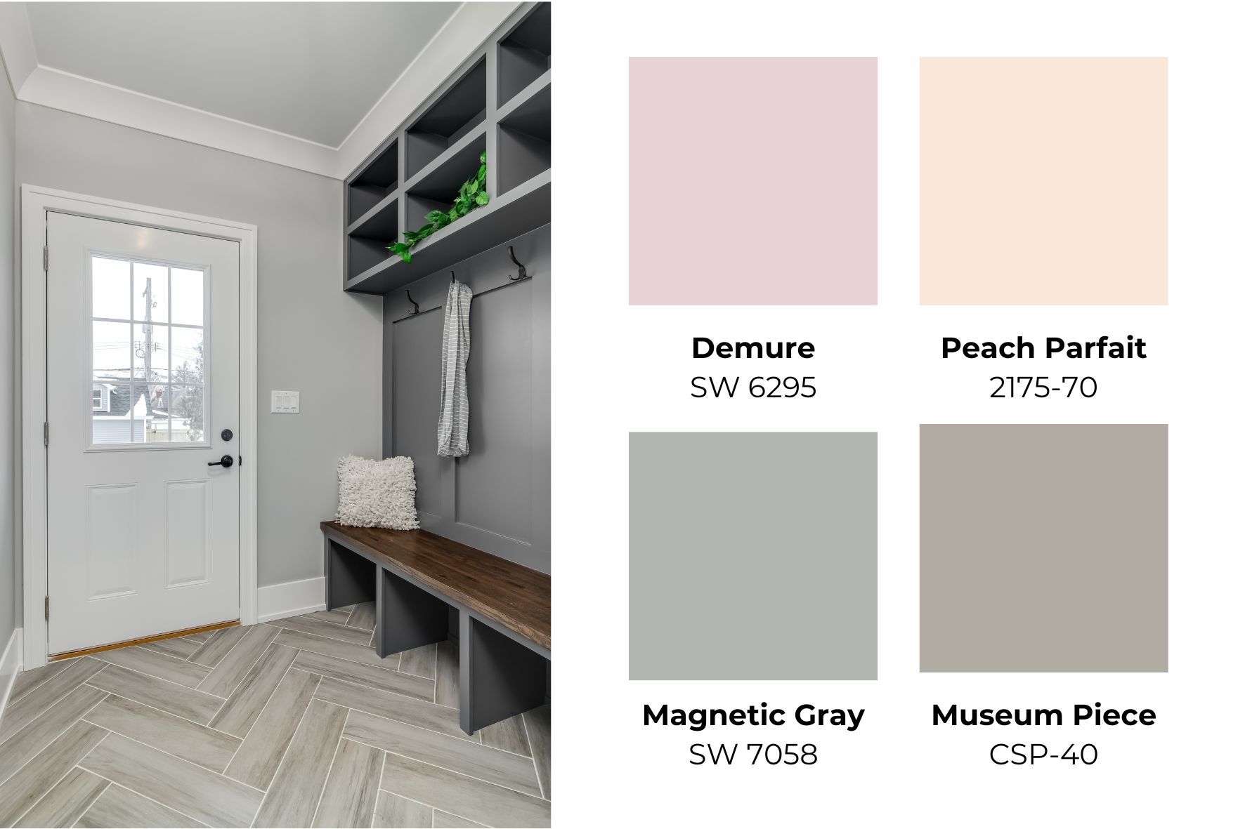 Gray hallway with benjamin moore and sherwin williams color swatches