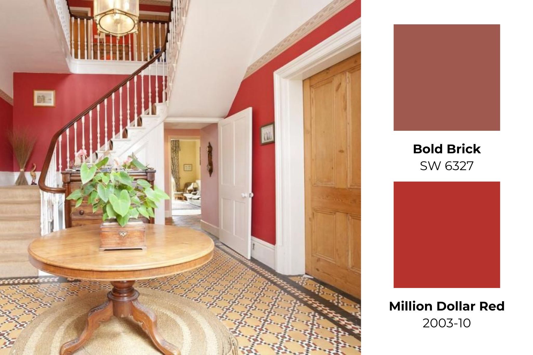 Red Hallway with benjamin moore and sherwin williams color swatches