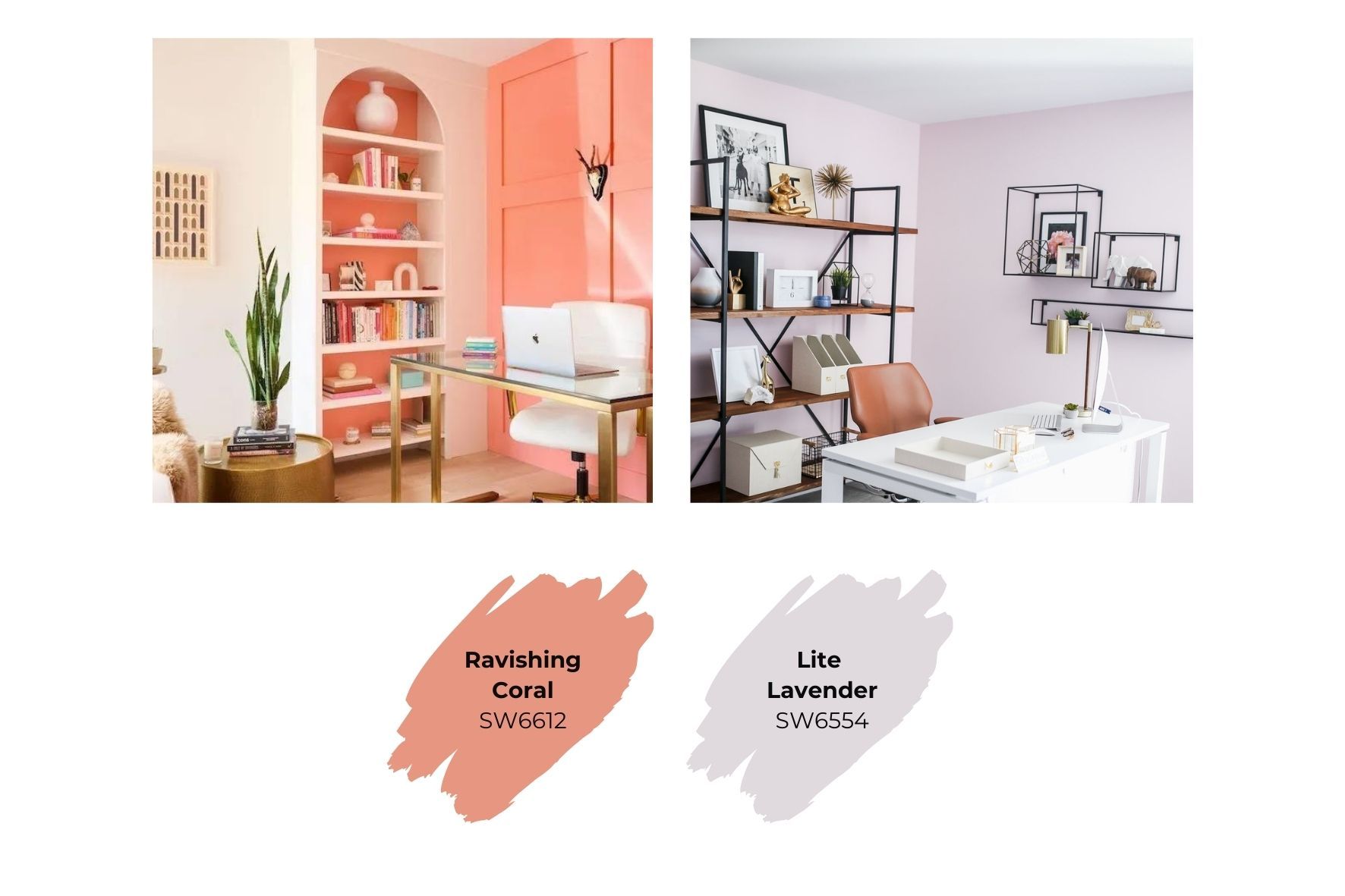 coral and lavender home office and sherwin-williams paint swatches