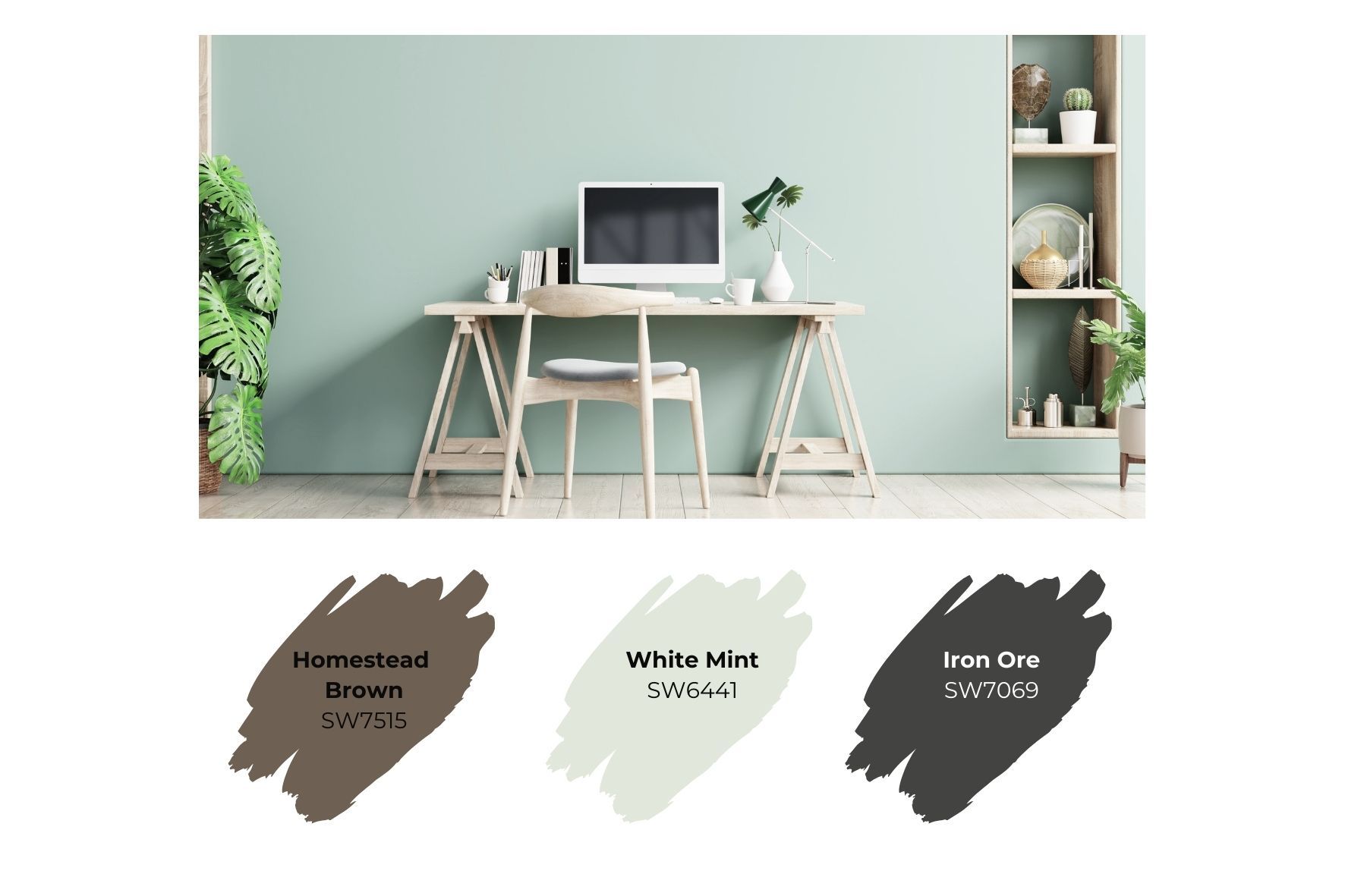 Mint green home office and sherwin-williams paint swatches