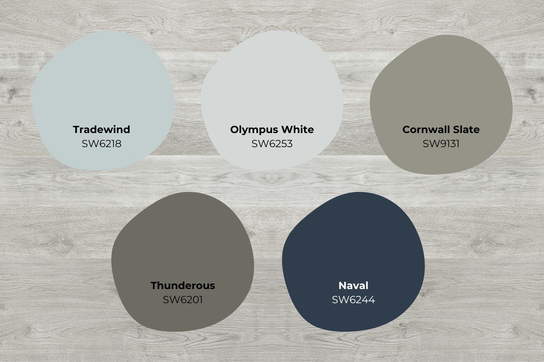 Sherwin Williams paint swatches on grey wood floor