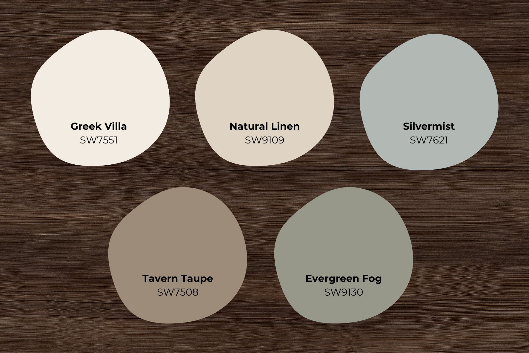 Sherwin-Williams paint swatches on dark wood floor