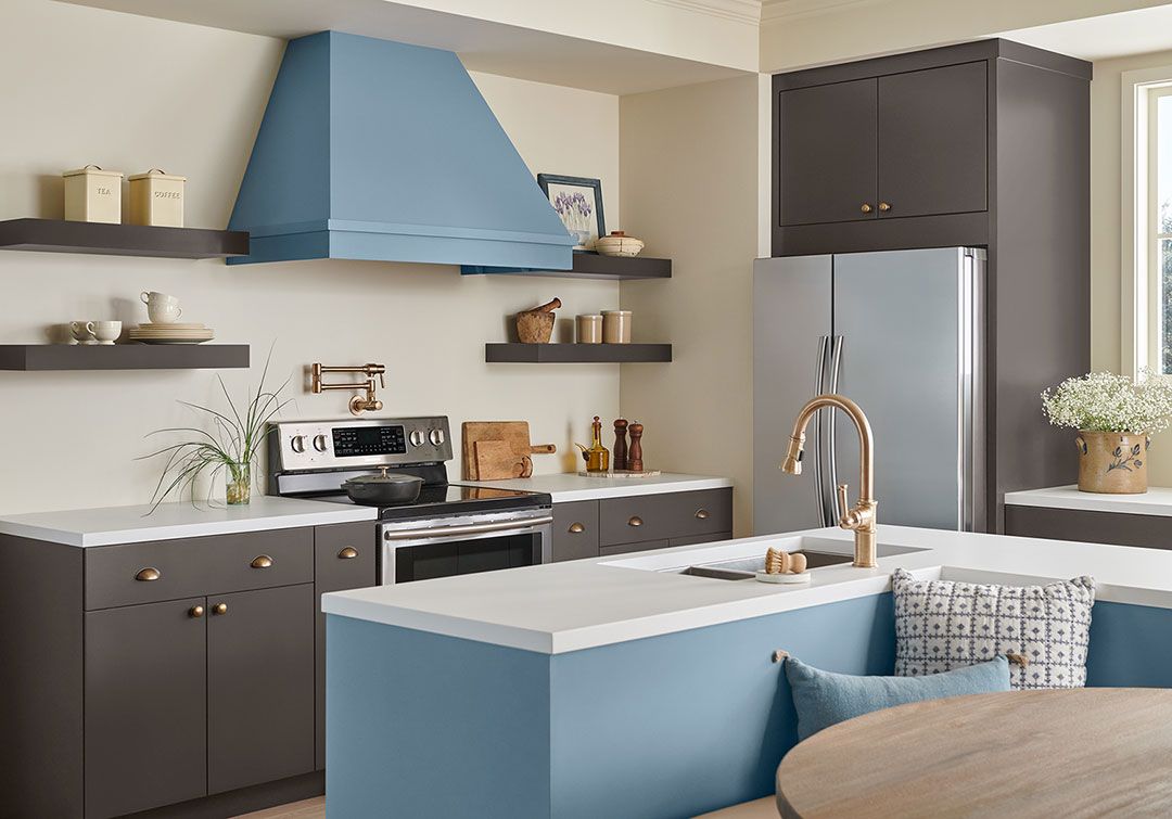 Kitchen painted in sherwin-williams smoky azurite