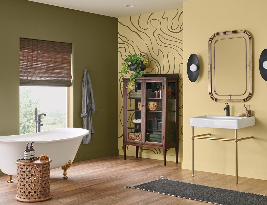 Bathroom painted with sherwin-williams palm leaf and pale moss paint colors