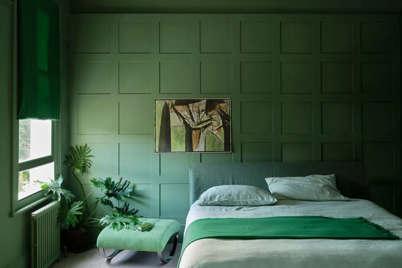 green color drenched bedroom