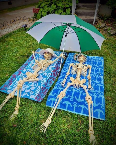 Halloween skeletons sunbathing on Florida front yard