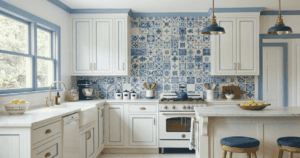 white kitchen with blue trim