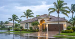 Beige single-story house with a brown tile roof, arched entry, and two-car garage, surrounded by palm trees on a wet street in a tropical neighborhood.