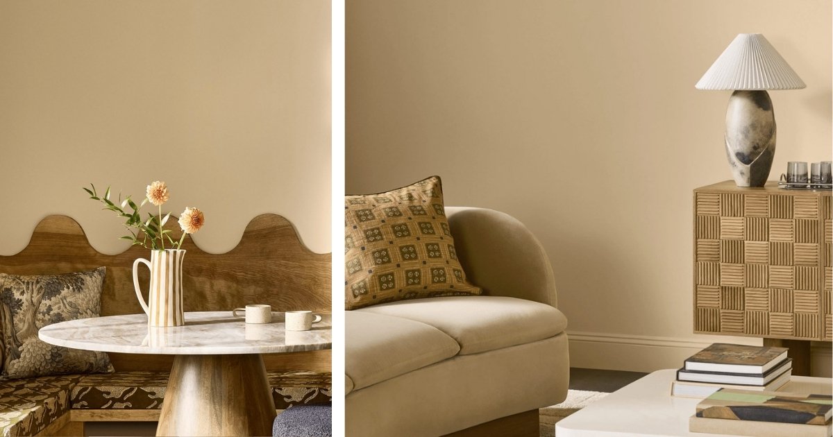 Sherwin Williams Color of the Month Sunbeam - Tru Colors Contracting Beige living room scene with a round marble table, striped vase of flowers, and cushions on a bench (left); beige sofa with patterned pillow and a wooden cabinet with a lamp (right).