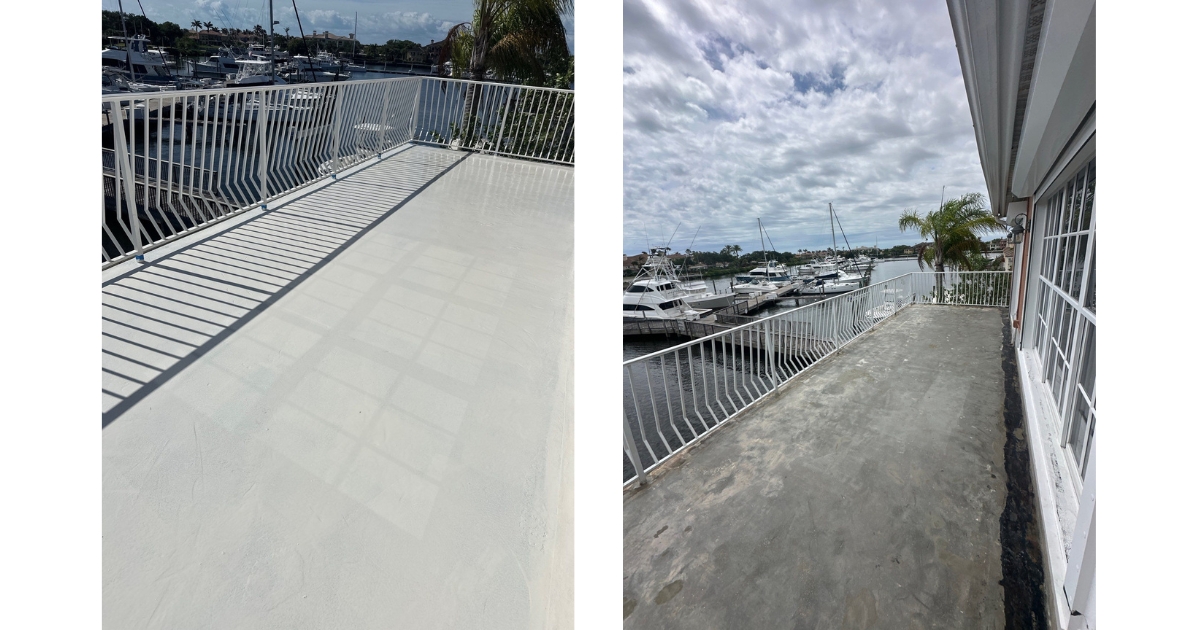 Balcony waterproofing process 2 - Tru Colors Contracting Two waterfront balconies: left shows a bright white deck with shadows from a white railing and boats in a marina beyond; right shows a weathered concrete deck along a house with a white railing and moored boats in the background.