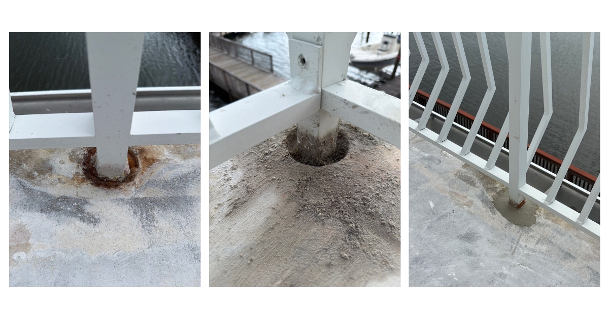 Balcony waterproofing process 3 - Tru Colors Contracting Three close-ups of a white metal railing post anchored to concrete, showing rust and weathering around the bases in each panel.