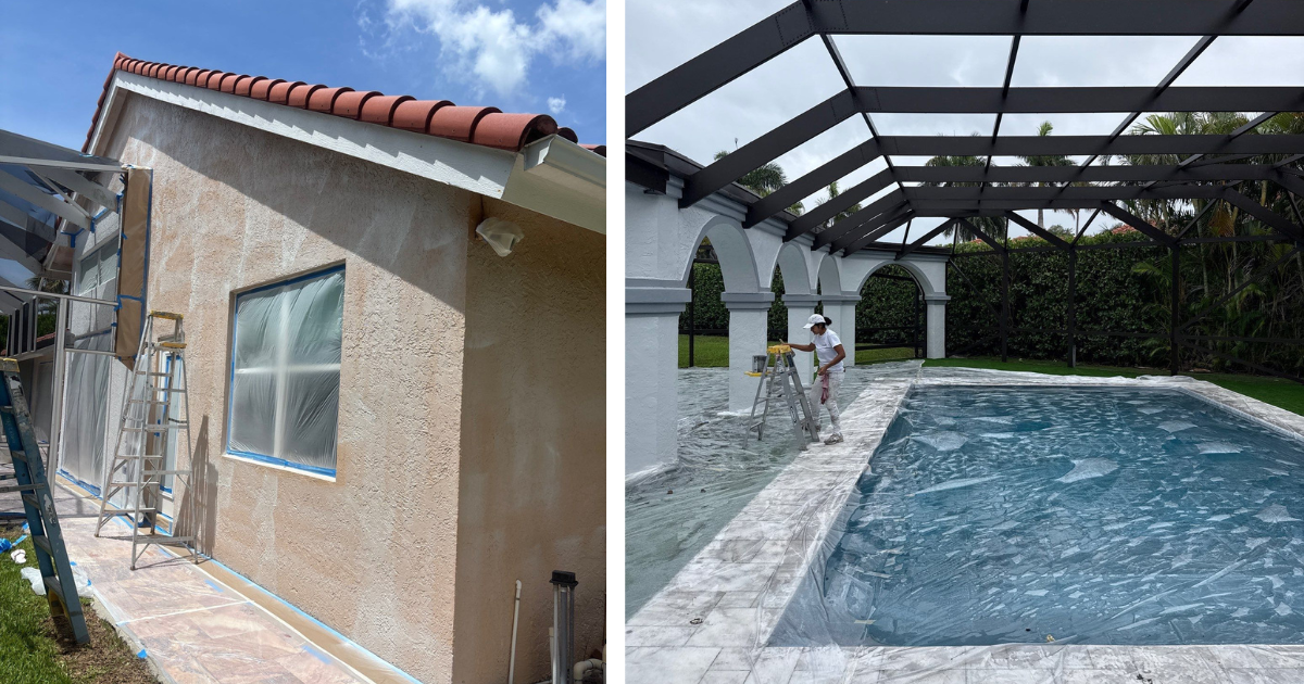 Exterior paint prep in south florida - Tru Colors Contracting Side-by-side renovation scenes: left shows a beige stucco house with taped window, plastic sheeting, and ladders; right shows a pool area with a black metal frame being built and a worker on a ladder.