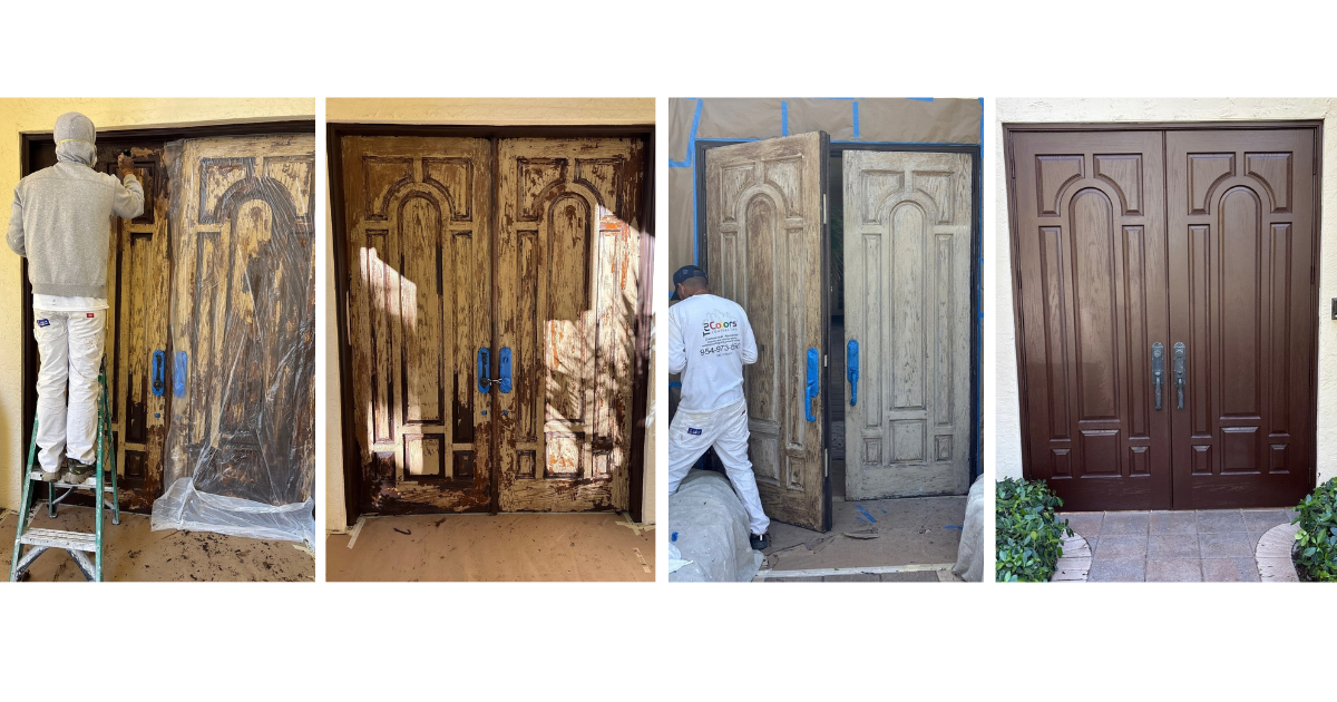 Wood door refinishing - Tru Colors Contracting Progression of door refinishing: worker on a ladder removing old finish from a large wooden double door in a doorway.